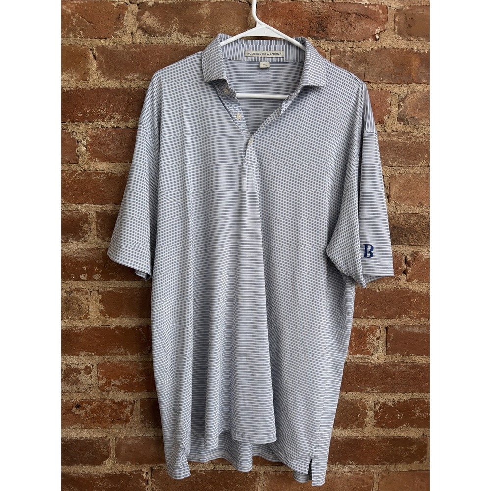 Holderness & Bourne Mens XL Polo Shirt Blue White Striped Golf Preppy Nautical